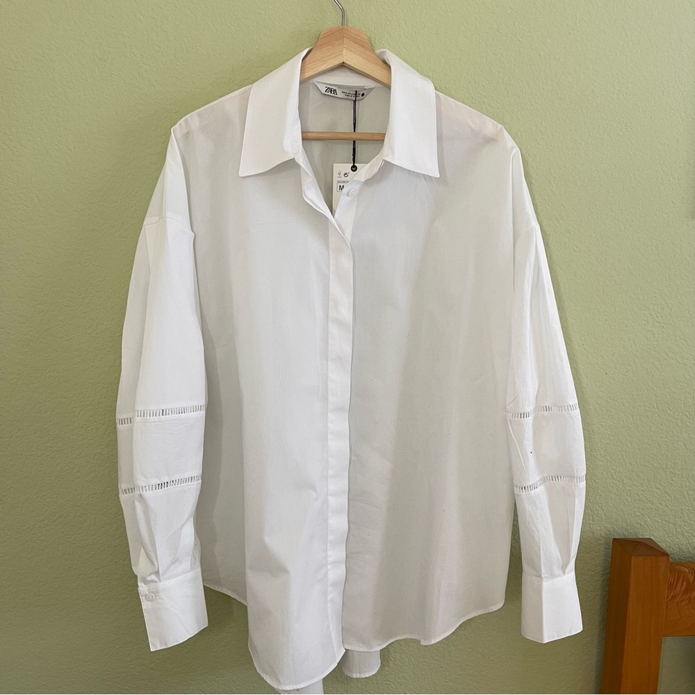 Zara Oversized White Poplin Shirt with Voluminous Sleeves, Size M - Picture 2 of 9